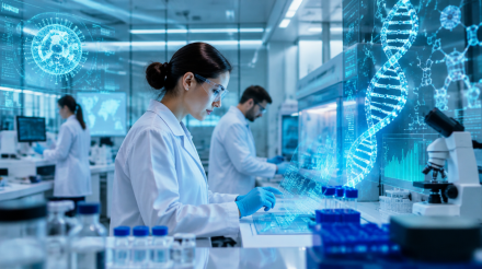 KI-Biosicherheitslabor: Wissenschaftler in modernem Labor mit KI-gestuetzter Analyse