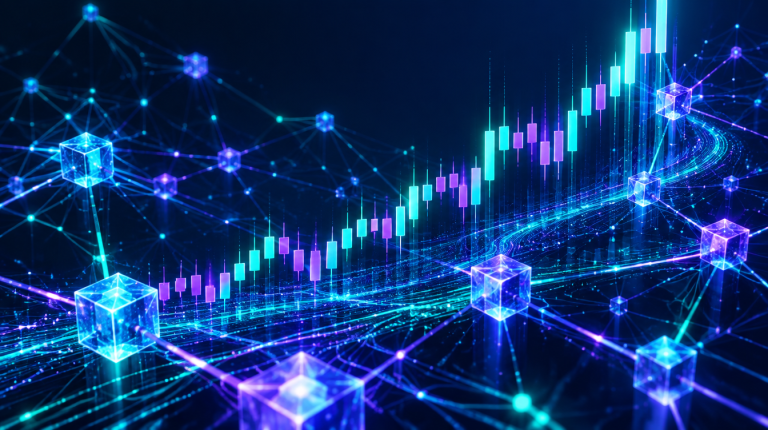Abstrakte Grafik: aufsteigender Krypto-Chart und Blockchain-Netzwerk symbolisieren die Aptos-Token-Rally