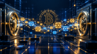 Abstract image of an institutional Bitcoin custody transfer between vaults