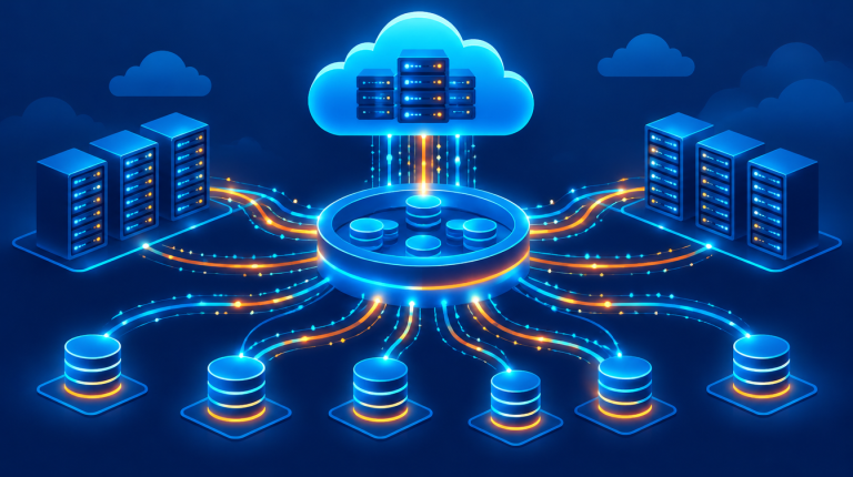 Illustration of cloud database connection pooling with networked servers and databases