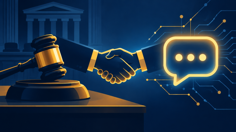 Disney Character.AI Deal: Gerichtshammer und Handschlag-Symbol vor KI-Chat-Icon