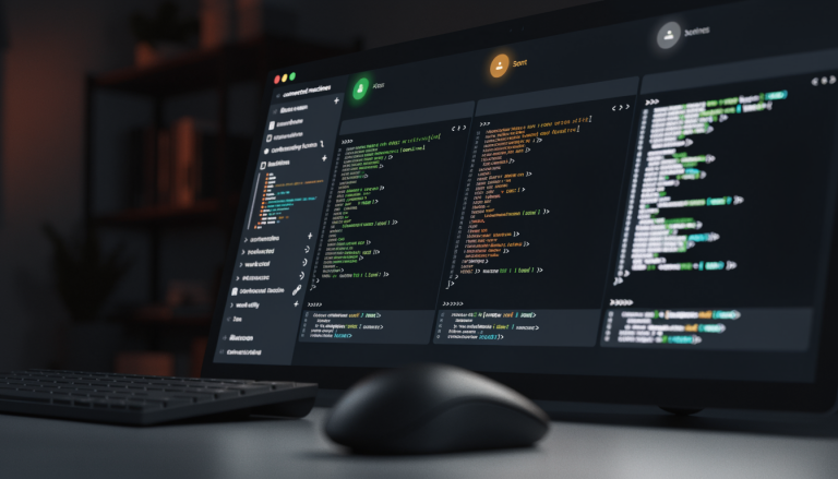 Dunkles Desktop-Dashboard mit mehreren Terminal-Panes und Status-Indikatoren, symbolisch fuer Herdr UI