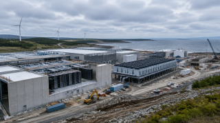 Luftaufnahme einer im Bau befindlichen Rechenzentrums-Anlage an der Atlantikkueste von Nova Scotia mit Windkraftanlagen im Hintergrund