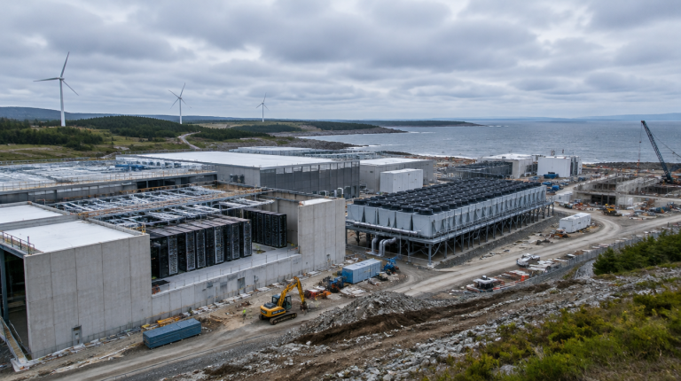 Luftaufnahme einer im Bau befindlichen Rechenzentrums-Anlage an der Atlantikkueste von Nova Scotia mit Windkraftanlagen im Hintergrund