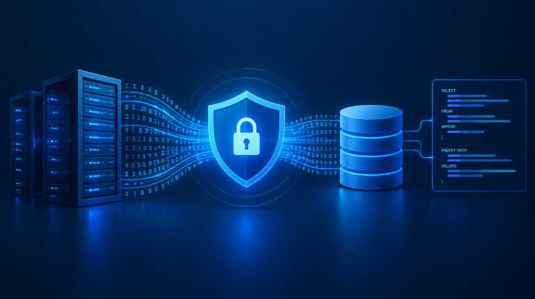 Abstrakte Illustration einer gesicherten Datenbankverbindung mit SQL-Code und Schutzschild-Symbol