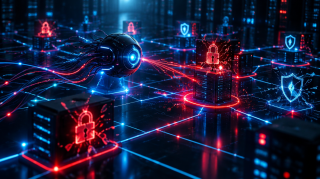 Abstract illustration of an autonomous AI agent attacking a network of servers and security systems