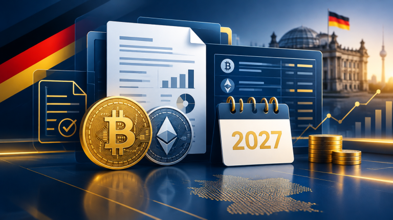 Illustration zur Krypto-Steuerreform 2027 in Deutschland: Meldepflicht und Dokumentation fuer Kryptowaehrungen
