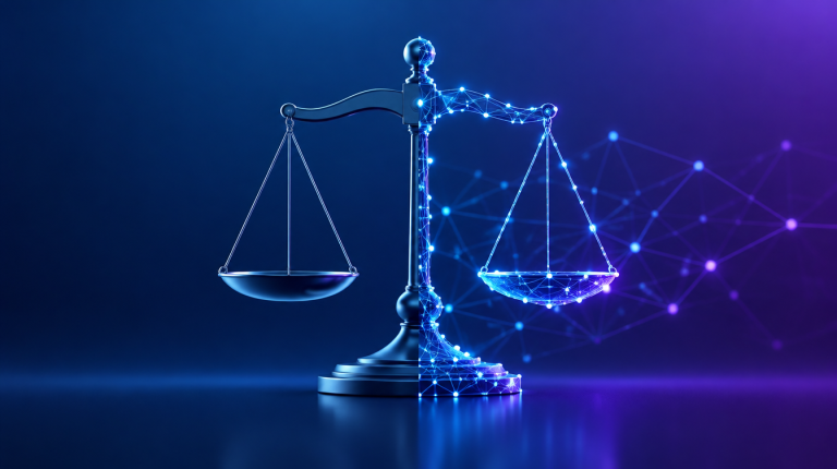 Legora KI Legal-Tech Finanzierungsrunde: Symbolbild Waage der Gerechtigkeit mit digitalen KI-Netzwerkknoten