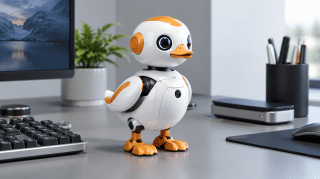 Microduck Mini-Roboter von Pollen Robotics und Hugging Face auf einem Schreibtisch