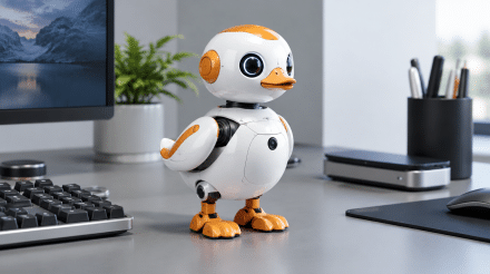Microduck Mini-Roboter von Pollen Robotics und Hugging Face auf einem Schreibtisch