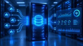 Leuchtender Datenbankserver mit angebundenen Cloud-Symbolen und Monitoring-Anzeige, Symbolbild für MySQL 26.10