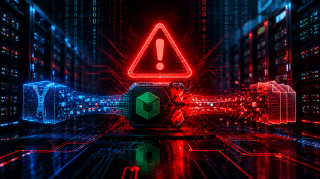 Illustration einer kritischen Sicherheitslücke im Brotli-Decoder von Node.js, dargestellt als zerbrochener Chip zwischen sicheren und kompromittierten Datenströmen in einem Serverraum