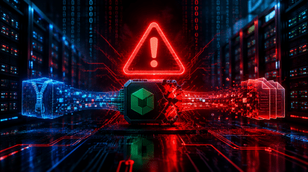Illustration of a critical vulnerability in the Node.js Brotli decoder, shown as a broken chip between secure and compromised data streams in a server room