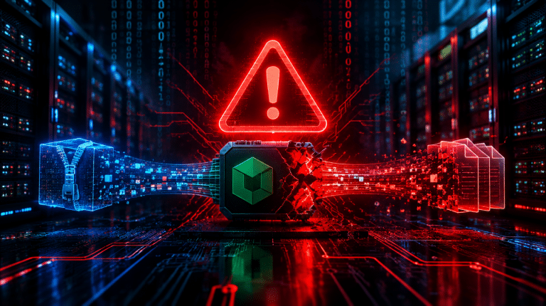 Illustration einer kritischen Sicherheitslücke im Brotli-Decoder von Node.js, dargestellt als zerbrochener Chip zwischen sicheren und kompromittierten Datenströmen in einem Serverraum