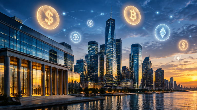 Finanzdistrikt-Skyline mit digitalen Stablecoin- und Kryptowährungssymbolen, Symbolbild zur OCC GENIUS Act Regulierung