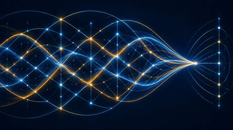 Abstract wave pattern of glowing lines and nodes symbolizing AI-assisted mathematical proofs