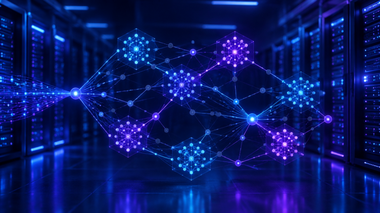 Abstrakte Visualisierung eines neuronalen Netzwerks mit Sparse-Mixture-of-Experts-Architektur, Illustration zu Reflection AI Beam