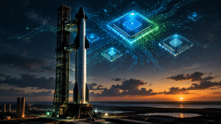 SpaceX Starship-Rakete bei Nacht mit digitaler Darstellung von KI-Chips am Himmel, Symbolbild für die 40-Milliarden-Dollar-Finanzierung