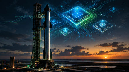 SpaceX Starship-Rakete bei Nacht mit digitaler Darstellung von KI-Chips am Himmel, Symbolbild für die 40-Milliarden-Dollar-Finanzierung