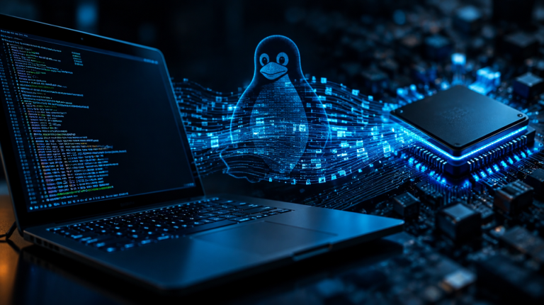 Laptop mit Code, Linux-Pinguin-Silhouette und CPU-Chip als Symbolbild fuer Linux Kernel KI